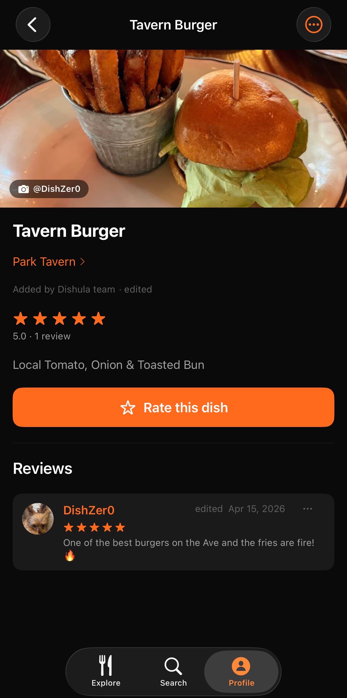 dishula app: the dish page for the Tavern Burger at Park Tavern Delray Beach with a five-star review