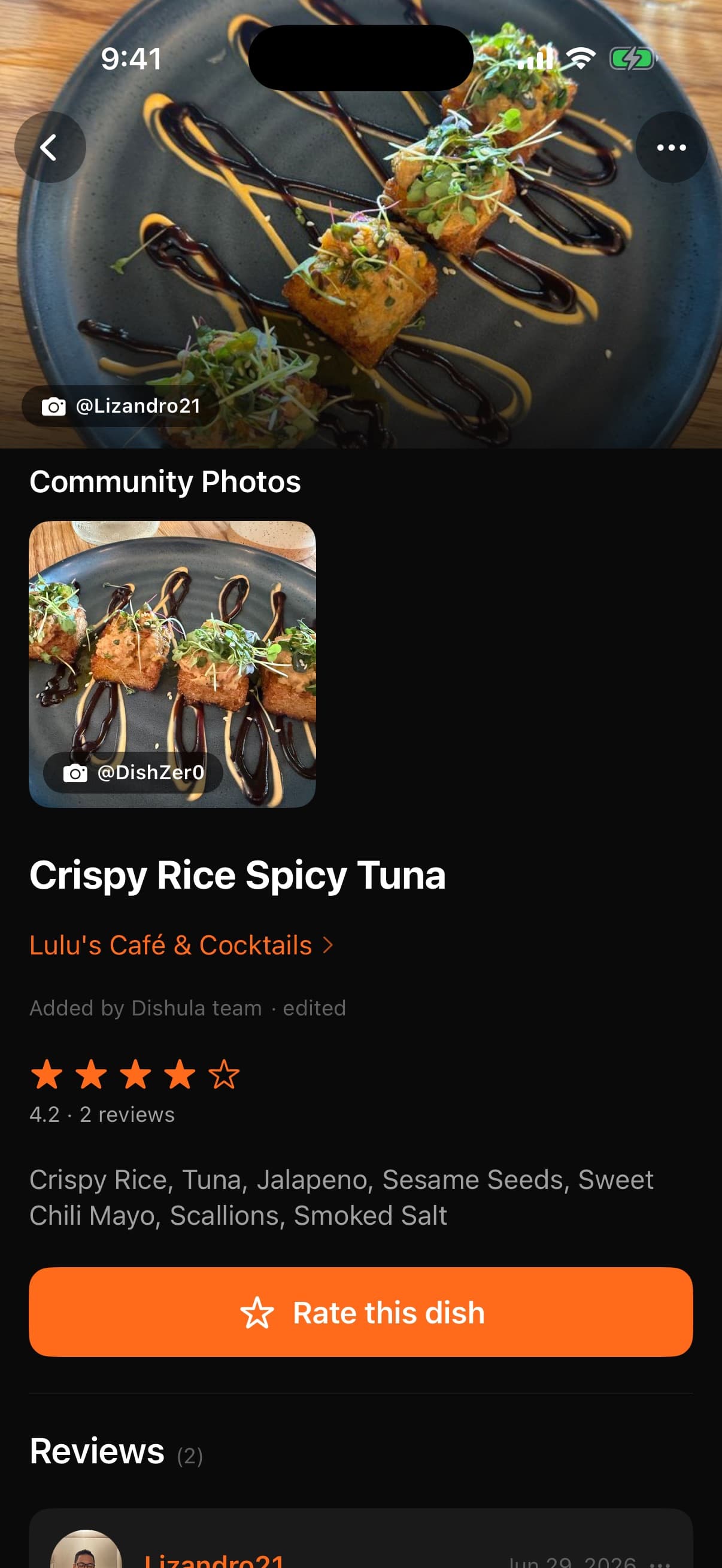 dishula app screen showing the Crispy Rice Spicy Tuna dish page